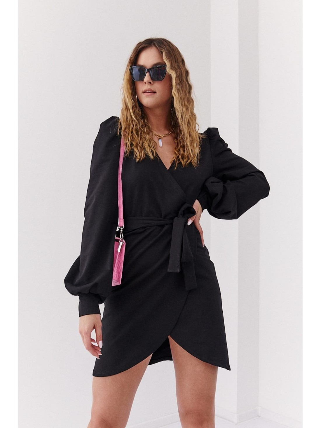 Envelope dress with puffy sleeves, black FI701 - Online store - Boutique